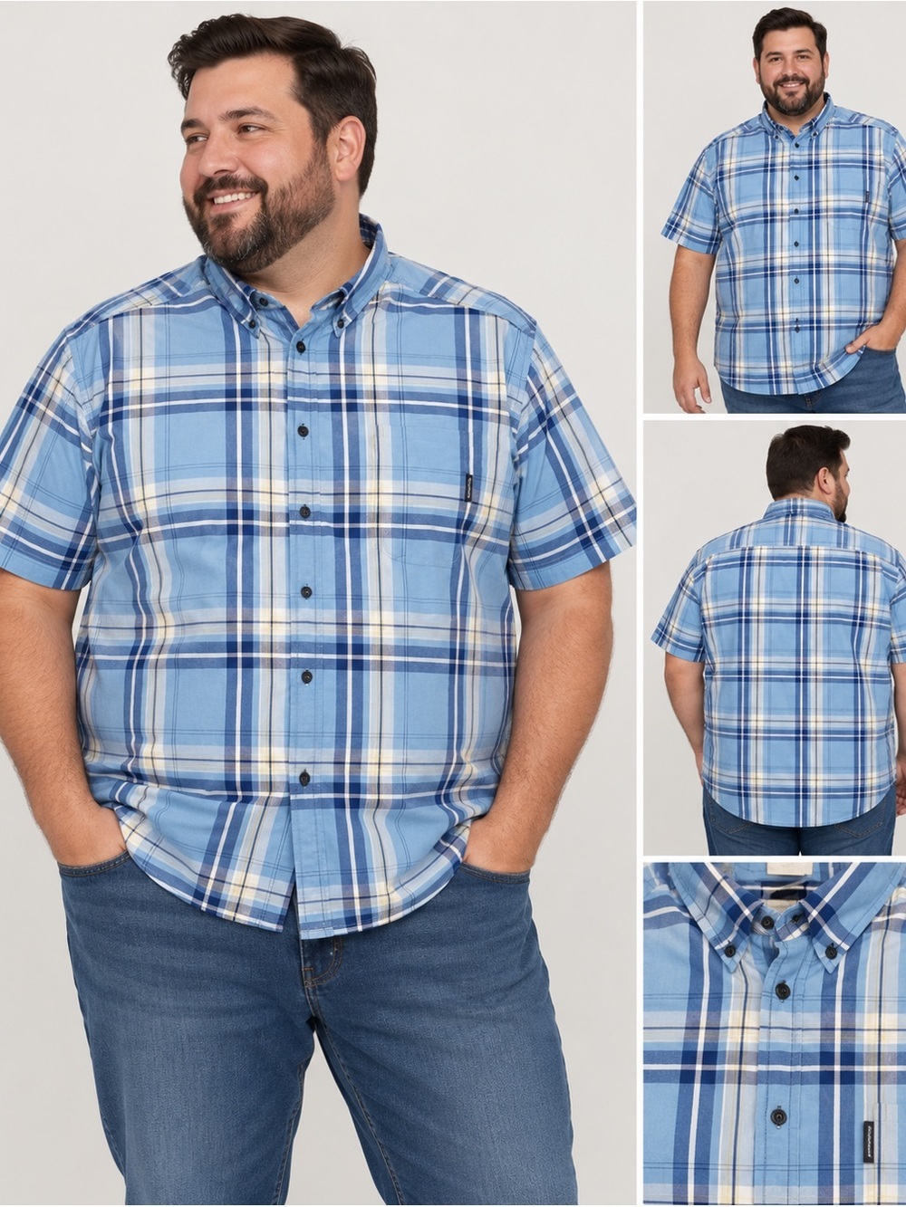 Columbia 2XL Blue Plaid Short Sleeve Cotton Button Up Shirt Regular Fit